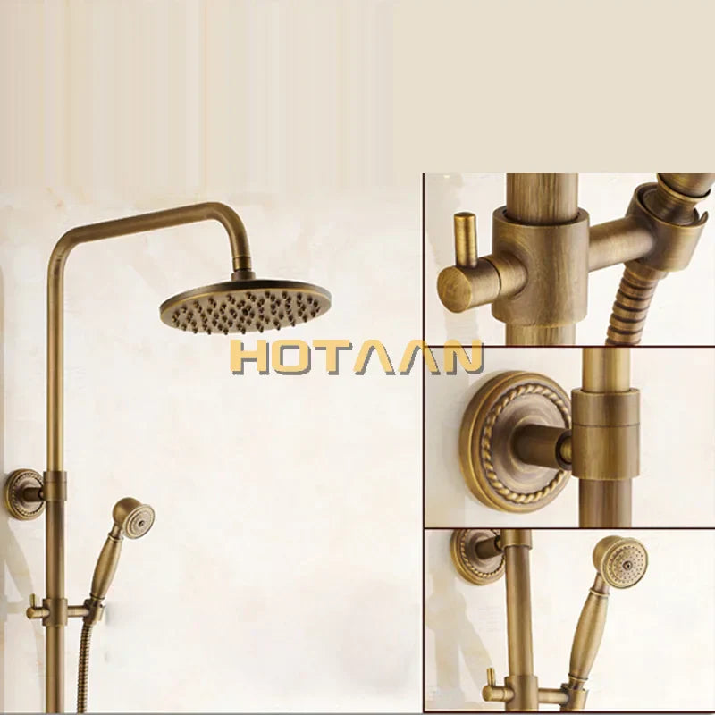 DecorBites™ Antique Brass Bathroom Shower Faucet Set with Handshower, Tub Spout, and 8" Rainfall Head