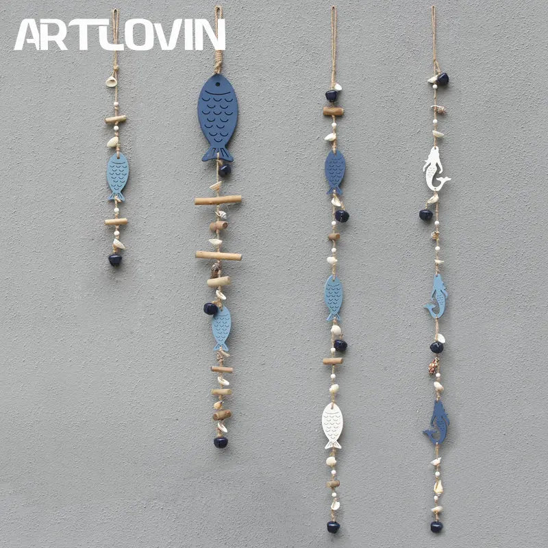 DecorBites™ Blue Fish Sea-maid Pendant Drift Wood Bells Wall Decoration