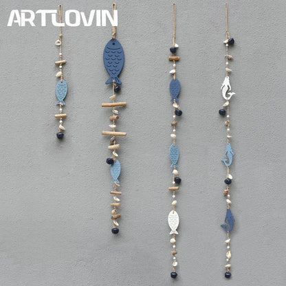 DecorBites™ Blue Fish Sea-maid Pendant Drift Wood Bells Wall Decoration