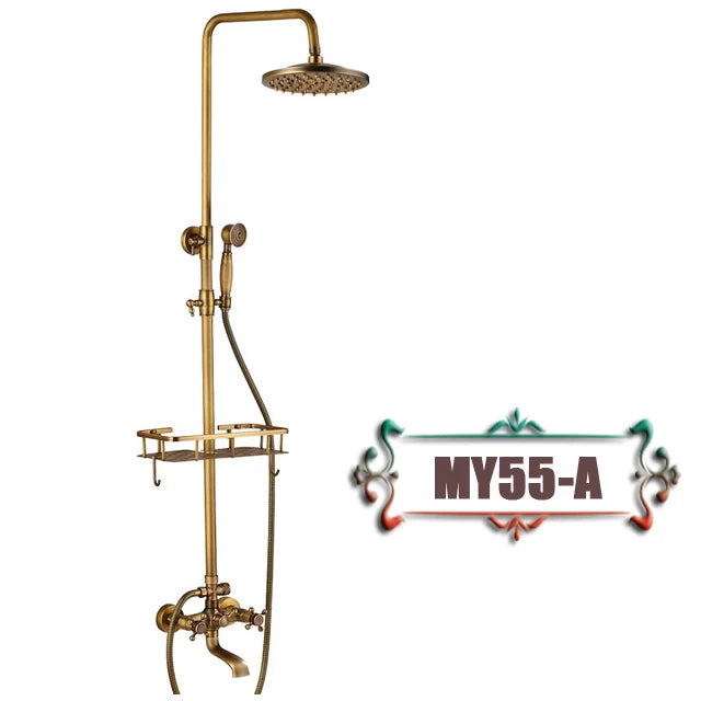 DecorBites™ Antique Brass Wall Mount Bathtub Shower Faucet Dual Handle Shelf Spout
