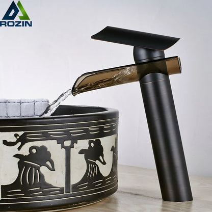 DecorBites™ Black Bronze Glass Spout Waterfall Basin Mixer Tap - Deck Mounted Countertop Faucet