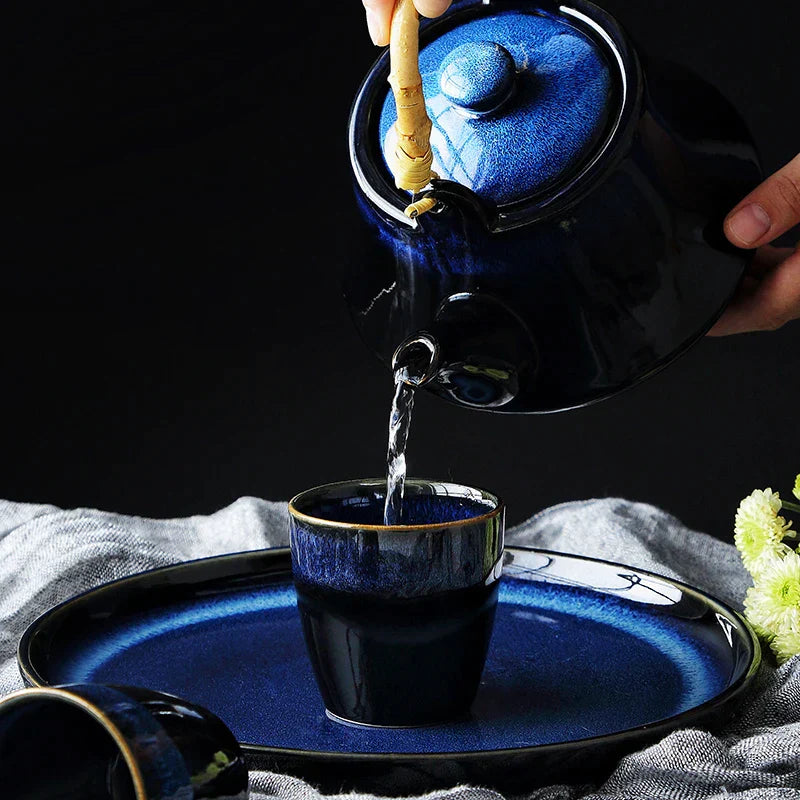 DecorBites™ Blue Ceramic Tea Kettle Set - Porcelain Teaware Set