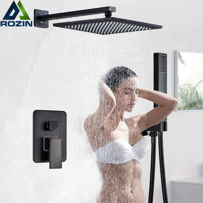 DecorBites™ Black Brass Shower Faucet with 2-Way Mixer, Handshower and Rainfall Head