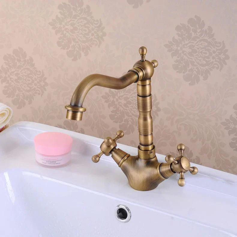 DecorBites™ Antique Brass Double Cross Handle Basin Faucet - 360 Degree Swivel Spout