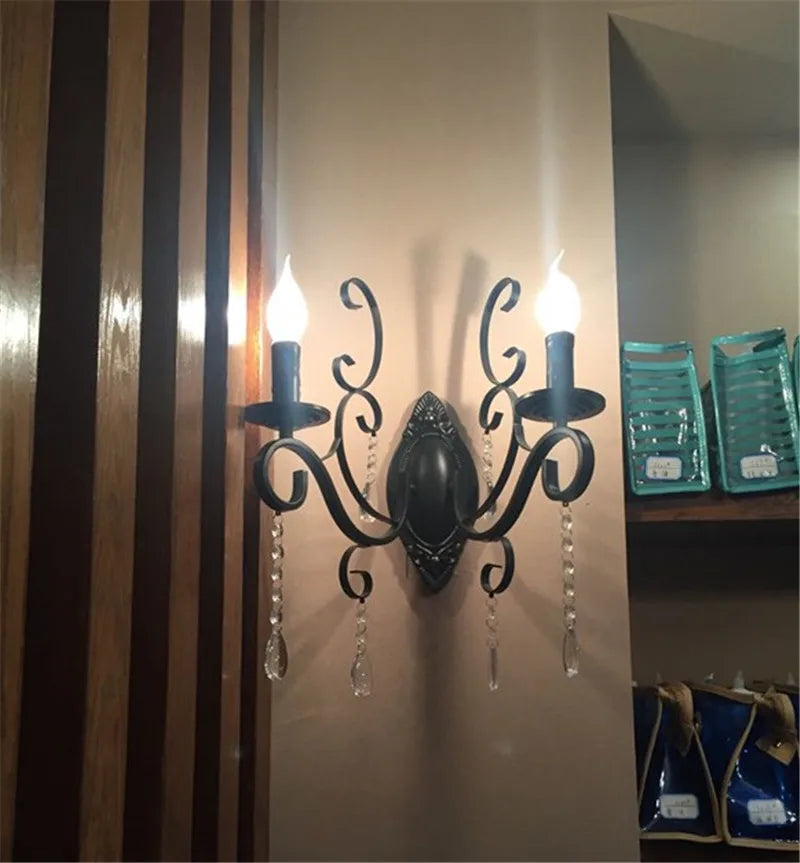 DecorBites™ Black Wrought Iron Crystal Candle Wall Lamp