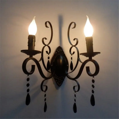 DecorBites™ Black Wrought Iron Crystal Candle Wall Lamp