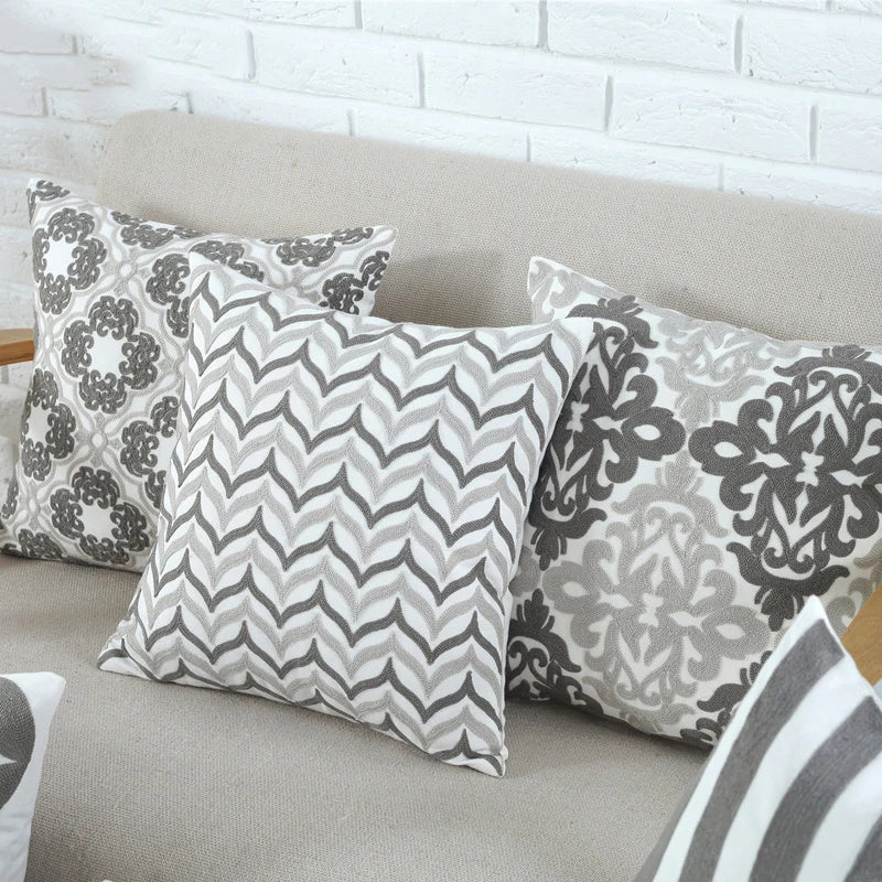 DecorBites™ Grey Pink Geometric Embroidered Cushion Cover, 45x45cm