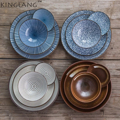 ™ Japanese Style Ceramic Dinner Set - Blue Tableware Set with Bowl and Plate