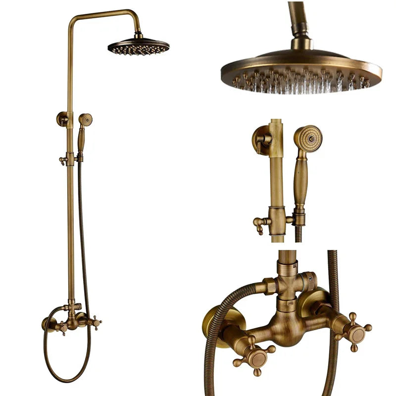 DecorBites™ Brass Antique Dual Handle Shower Faucet Set with Handshower Shelf