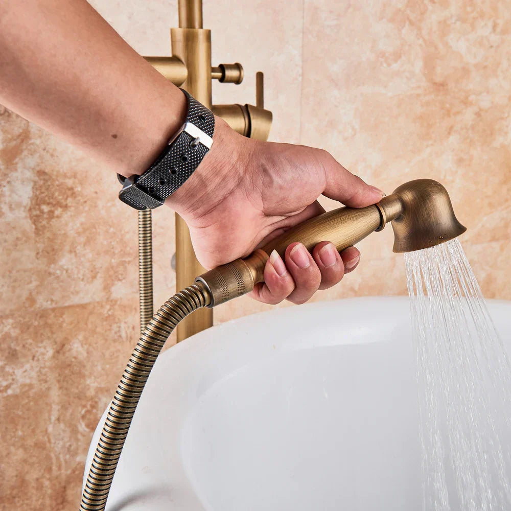 DecorBites™ Antique Brass Floor Mount Tub Faucet Swivel Spout Shower Mixer Tap