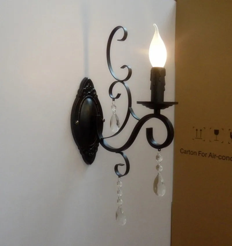 DecorBites™ Black Wrought Iron Crystal Candle Wall Lamp