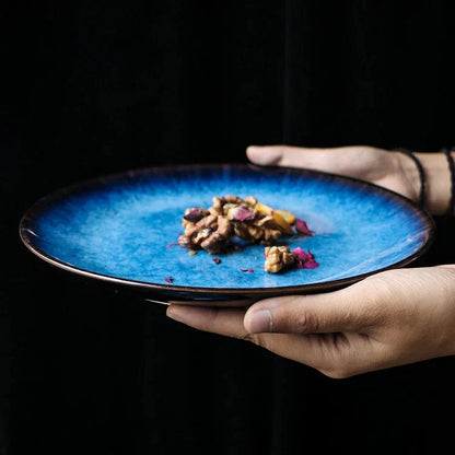 DecorBites™ Blue Ceramic Round Plate - Commercial Steak Dish Wholesale