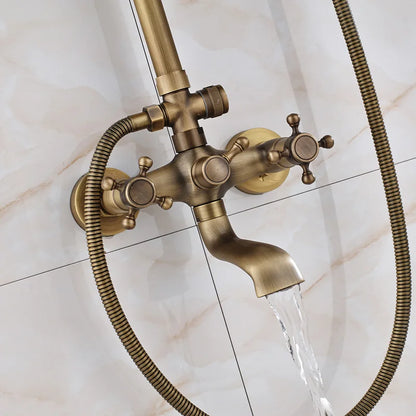 DecorBites™ Antique Brass Wall Mount Bathtub Shower Faucet Dual Handle Shelf Spout