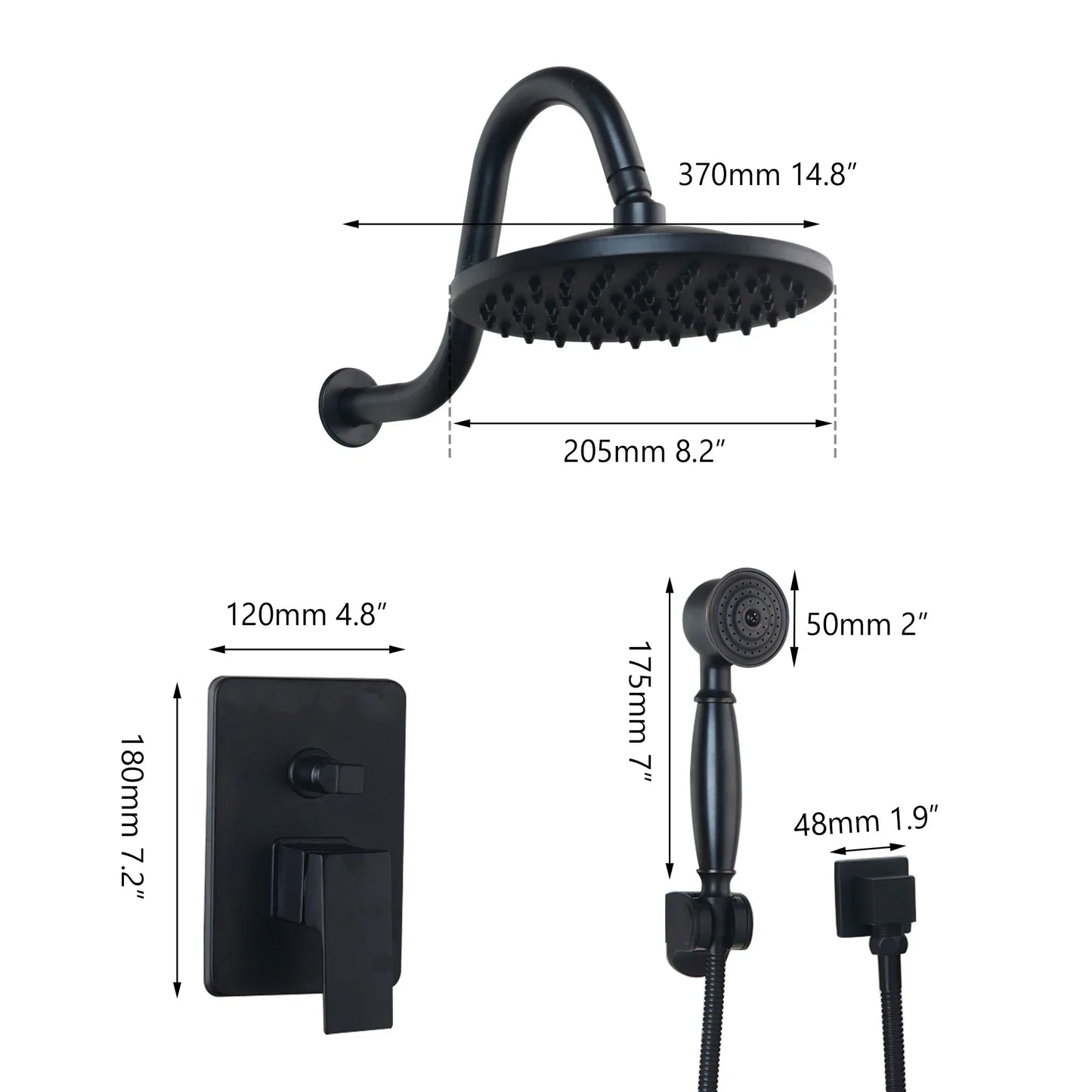 DecorBites™ 8" Matte Black Wall Mounted Rainfall Shower Faucet Set with Handheld Shower