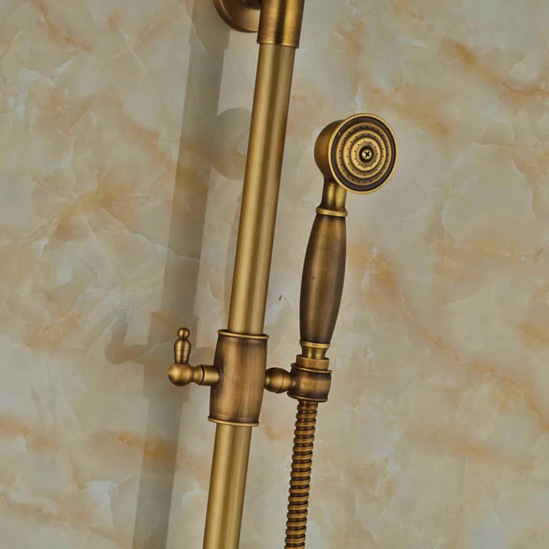 DecorBites™ Antique Brass Wall Mount Shower Faucet with Hand Shower, 8" Rain Shower Head