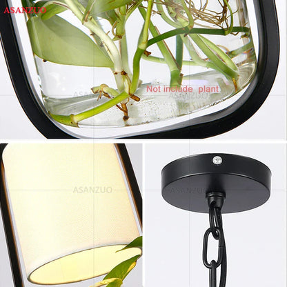 DecorBites™ Black Iron Cage Pendant Light with Glass Cloth Shade E14 Loft Hanging Lamp