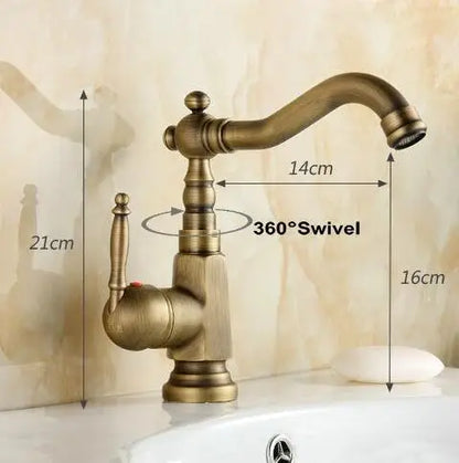 DecorBites™ Antique Brass Porcelain Basin Mixer Hot Cold Tap - 360 Degree Swivel Kitchen Faucet