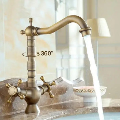 DecorBites™ Antique Brass Porcelain Basin Mixer Hot Cold Tap - 360 Degree Swivel Kitchen Faucet