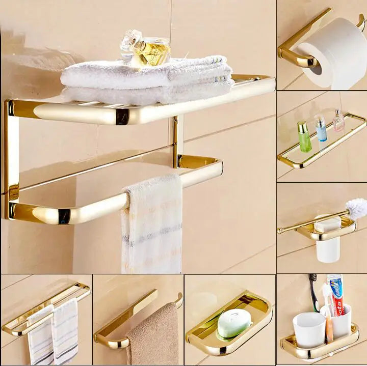 ™ Gold Bathroom Accessories Set: Towel Shelf, Towel Bar, Paper Holder, Cloth Hook