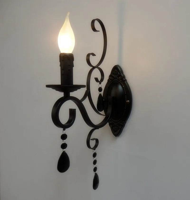 DecorBites™ Black Wrought Iron Crystal Candle Wall Lamp