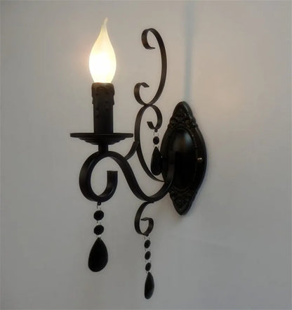 DecorBites™ Black Wrought Iron Crystal Candle Wall Lamp