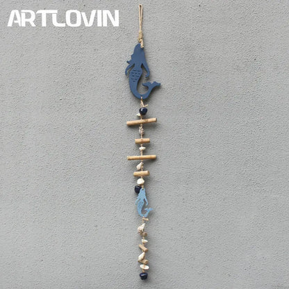 DecorBites™ Blue Fish Sea-maid Pendant Drift Wood Bells Wall Decoration