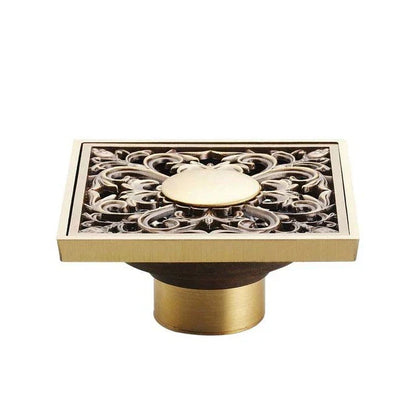 DecorBites™ Antique Brass Square Fish Carved Bathroom Floor Drain Hair Strainer