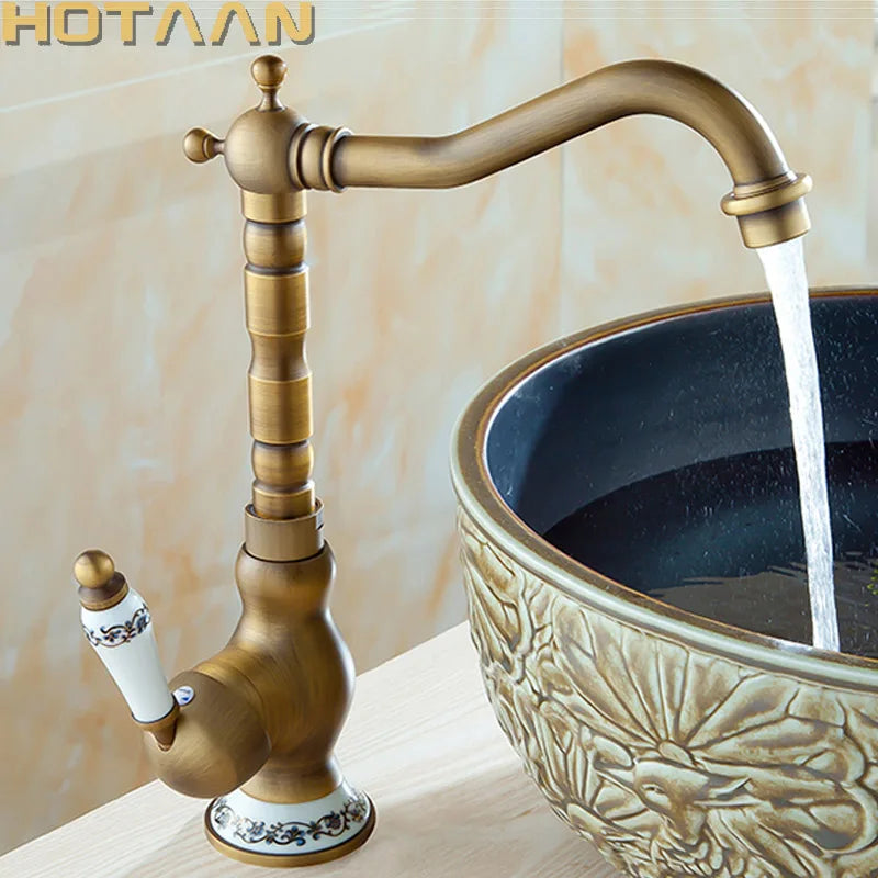 DecorBites™ Antique Brass Bathroom Sink Faucet, Single Handle Deck Mounted Basin Mixer