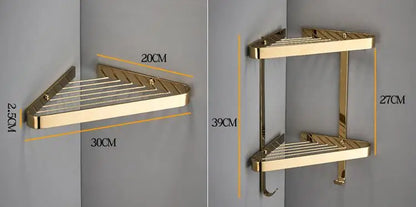 DecorBites™ Brass Bathroom Shower Rack: Brushed Gold Corner Shelf for Bath and Shower Storage