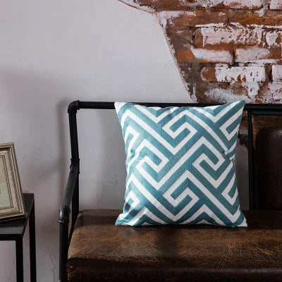 DecorBites™ Blue Geometric Embroidered Canvas Cotton Cushion Cover 45x45cm