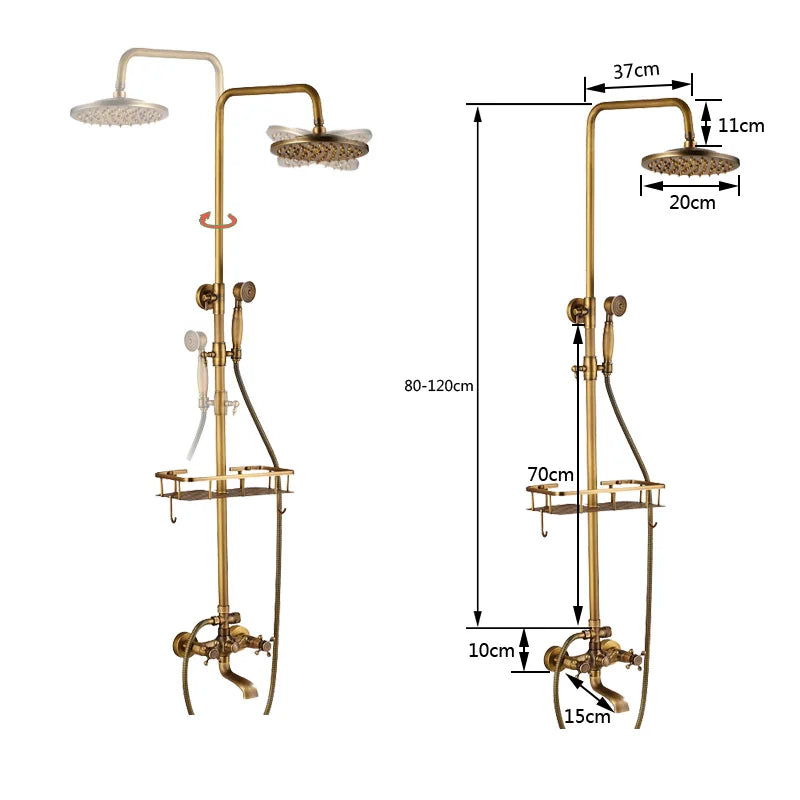 DecorBites™ Antique Brass Wall Mount Bathtub Shower Faucet Dual Handle Shelf Spout
