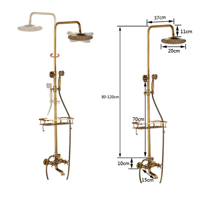 DecorBites™ Antique Brass Wall Mount Bathtub Shower Faucet Dual Handle Shelf Spout