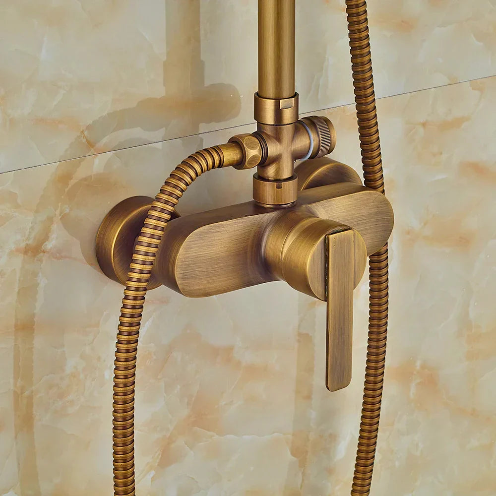 DecorBites™ Antique Brass Shower Set with 8" Rainfall Head and Hand Sprayer