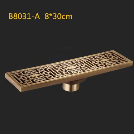 DecorBites™ Antique Brass Linear Shower Floor Drain with Art Carved Cover