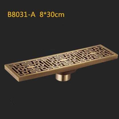 DecorBites™ Antique Brass Linear Shower Floor Drain with Art Carved Cover