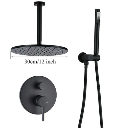DecorBites™ Brass Black Shower Set with Ceiling/Wall Arm, Diverter Mixer, Handheld Spray, 8-16" Rain Head