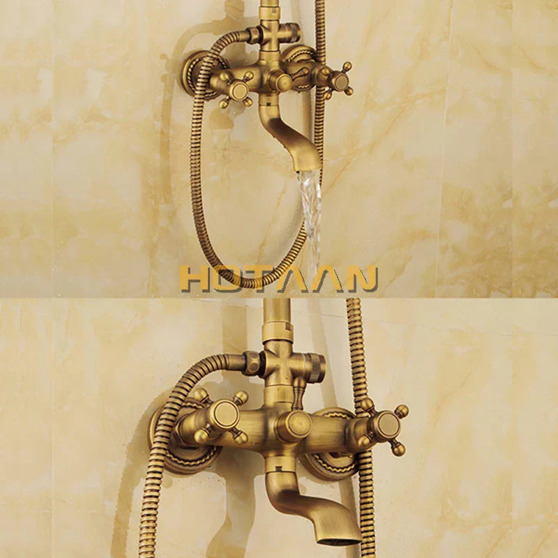 DecorBites™ Antique Brass Shower Faucet Set with Rainfall Shower Head and Hand Shower