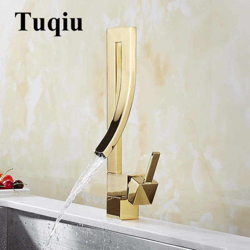 ™ Gold Brass Square Basin Faucet Single Handle Deck Mounted Bathroom Sink Mixer