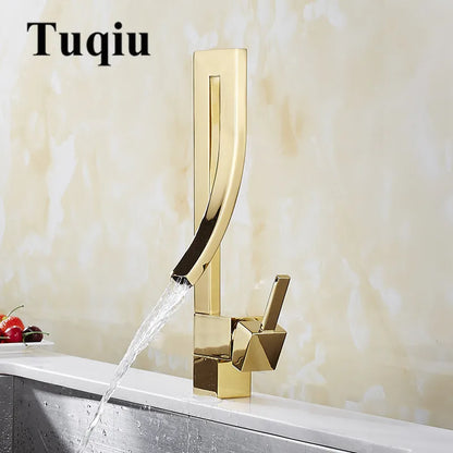 ™ Gold Brass Square Basin Faucet Single Handle Deck Mounted Bathroom Sink Mixer