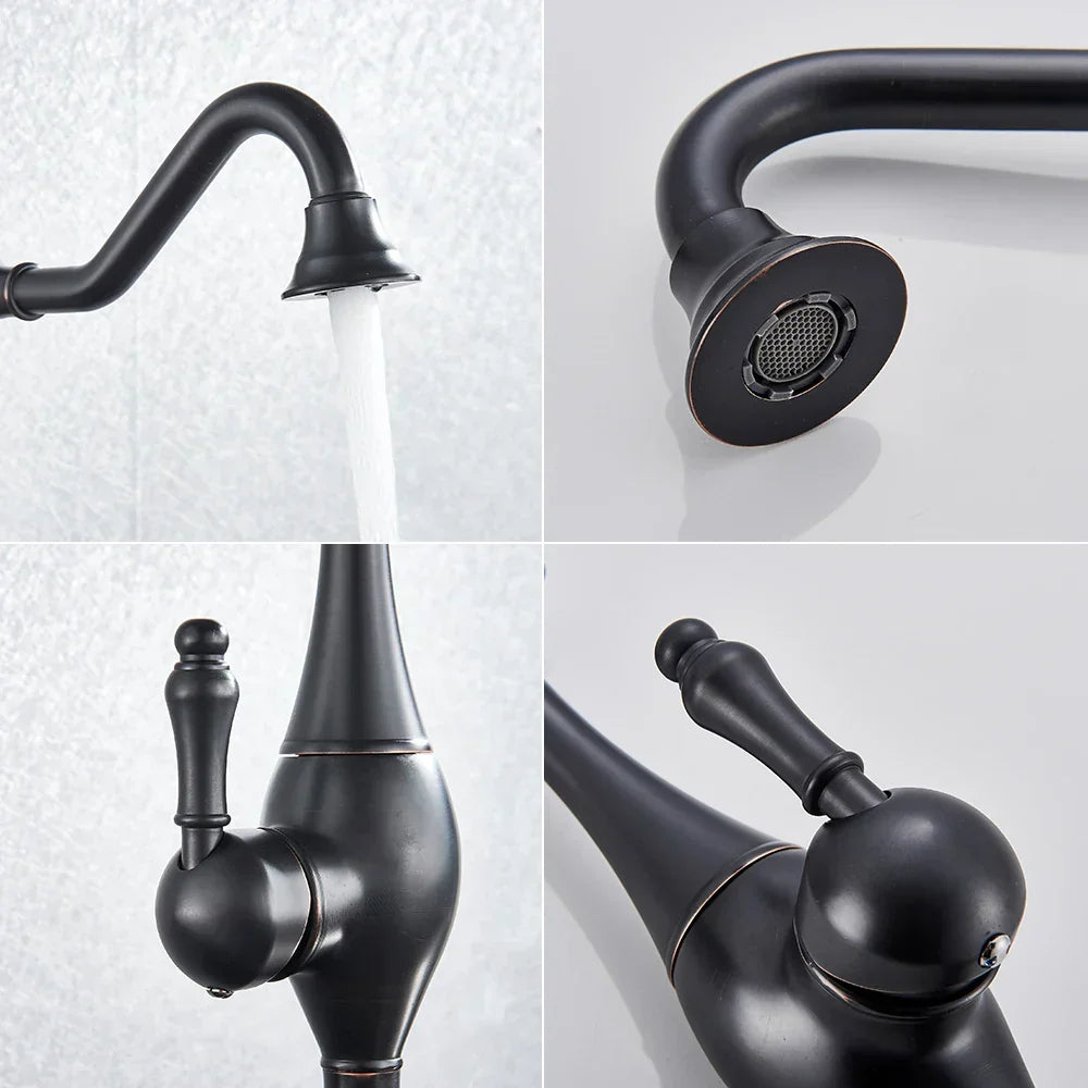 DecorBites™ Black Long Neck Kitchen Faucet with Rotating Spout - Deck Mounted Mixer Tap