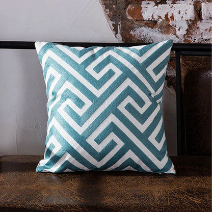 DecorBites™ Blue Geometric Embroidered Canvas Cotton Cushion Cover 45x45cm