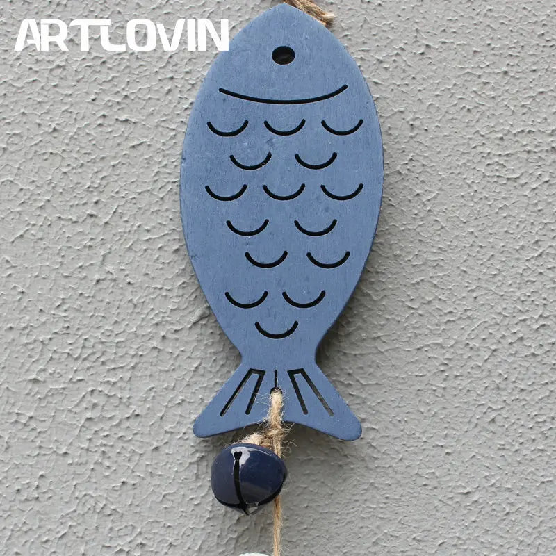DecorBites™ Blue Fish Sea-maid Pendant Drift Wood Bells Wall Decoration