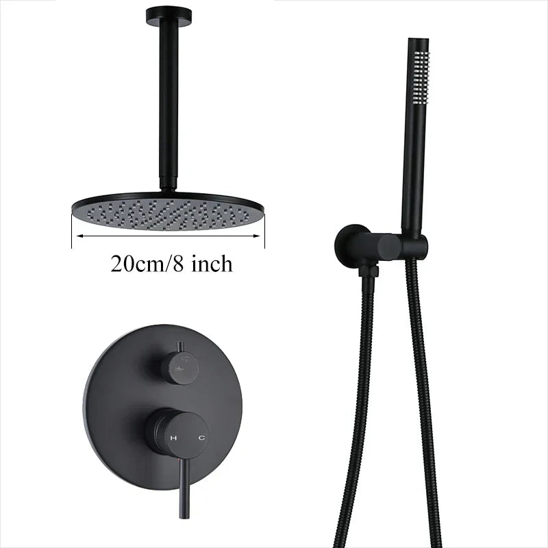 DecorBites™ Brass Black Shower Set with Ceiling/Wall Arm, Diverter Mixer, Handheld Spray, 8-16" Rain Head