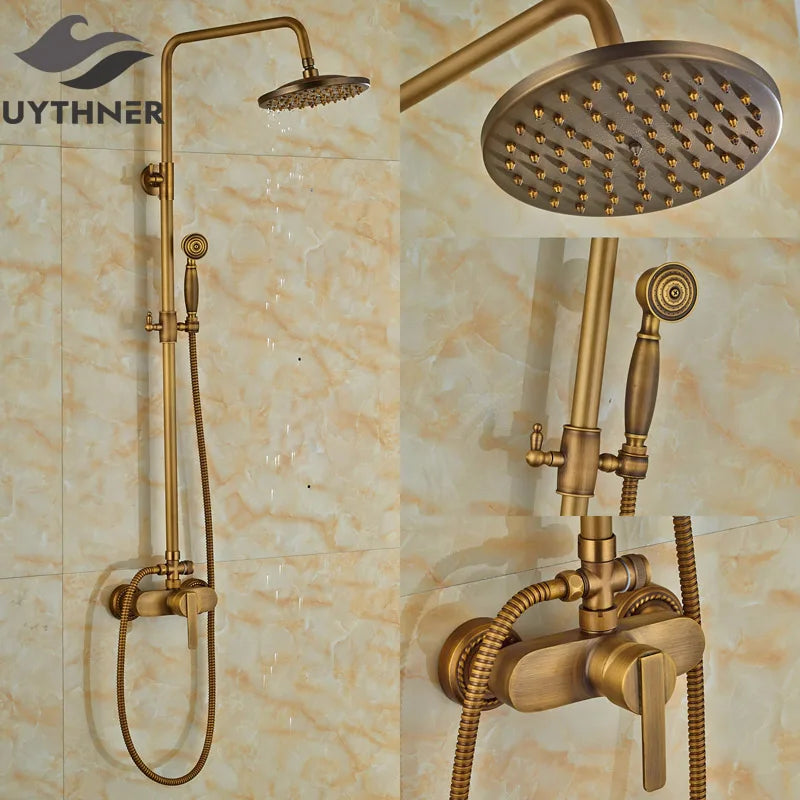 DecorBites™ Antique Brass Wall Mount Shower Faucet with Hand Shower, 8" Rain Shower Head