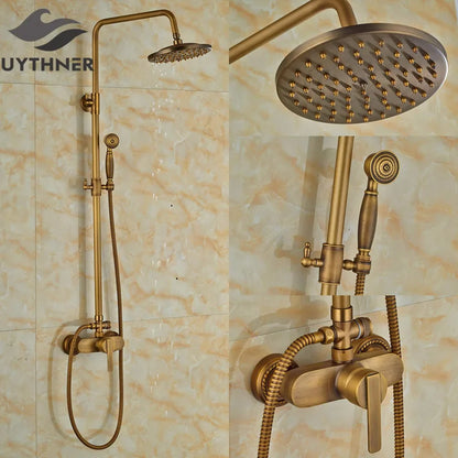 DecorBites™ Antique Brass Wall Mount Shower Faucet with Hand Shower, 8" Rain Shower Head
