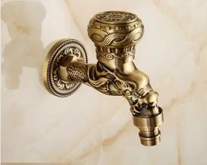 DecorBites™ Dragon Carved Antique Brass Garden Bibcocks Single Cold Tap for Outdoor ★