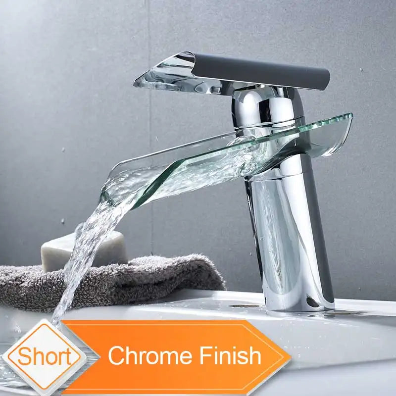 DecorBites™ Glass Spout Basin Faucet: Waterfall Bathroom Mixer Tap, Chrome Finish