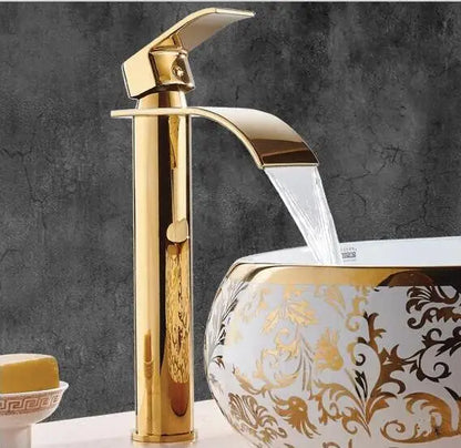 DecorBites™ Gold Waterfall Bathroom Faucet Single Handle Basin Mixer Tap Brass Sink Crane