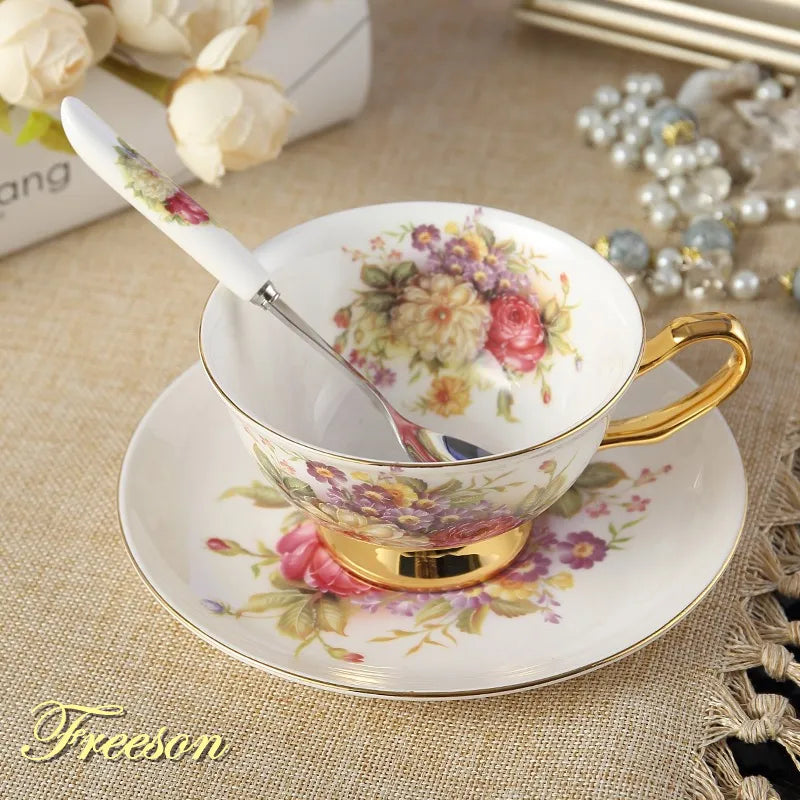 ™ Elegant Floral Bone China Tea Cup Set 200ml - Premium Porcelain Teacup Saucer Spoon