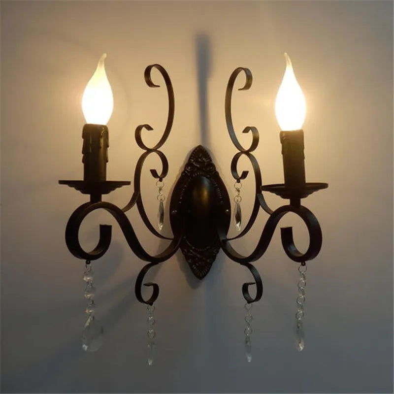 DecorBites™ Black Wrought Iron Crystal Candle Wall Lamp